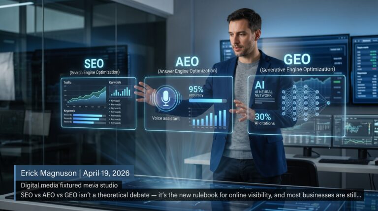 Man discussing SEO, AEO, and GEO