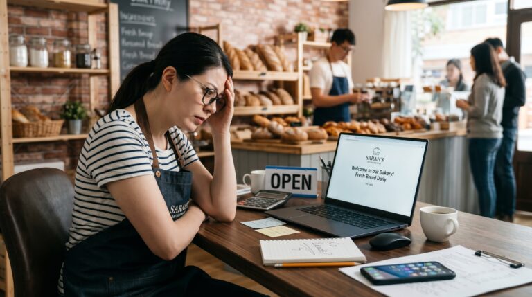 Frustrated baker at empty bakery